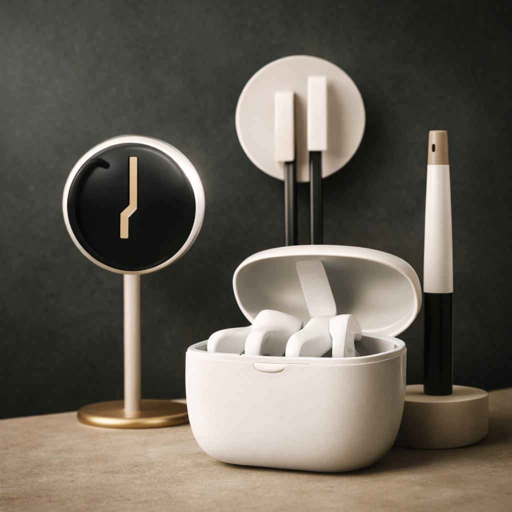 Premium Smart Gadgets And Wireless Earbuds In Modern Minimalist Style.