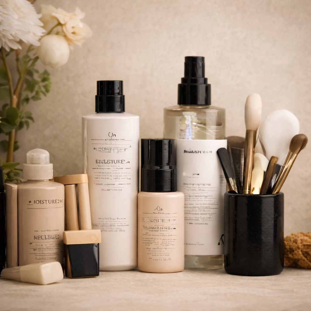 Minimal aesthetic beauty and skincare collection with bottles, jars, and makeup brushes
