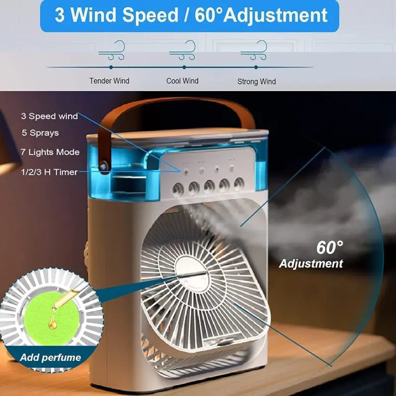 Portable USB Mini Air Cooler Fan with Water Mist Humidifier, 3 Speed Cooling & 7 Color LED Night Light