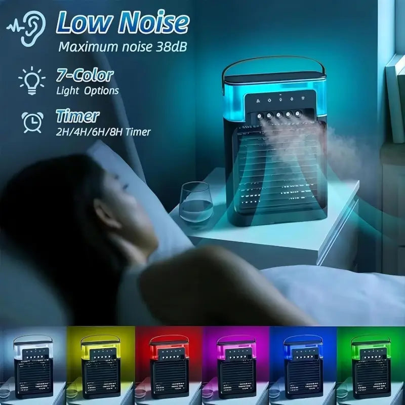 Portable USB Mini Air Cooler Fan with Water Mist Humidifier, 3 Speed Cooling & 7 Color LED Night Light