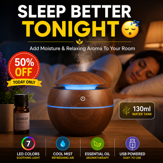 Wooden Cool Mist Humidifier & Essential Oil Diffuser with 7 Color LED Night Light USB 130ml