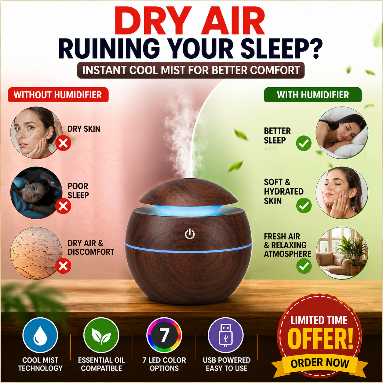 Wooden Cool Mist Humidifier & Essential Oil Diffuser with 7 Color LED Night Light USB 130ml