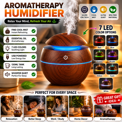 Wooden Cool Mist Humidifier & Essential Oil Diffuser with 7 Color LED Night Light USB 130ml