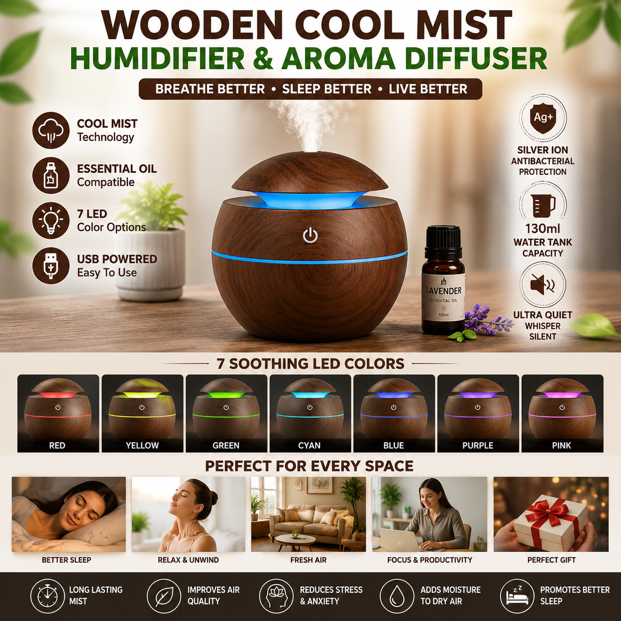 Wooden Cool Mist Humidifier & Essential Oil Diffuser with 7 Color LED Night Light USB 130ml