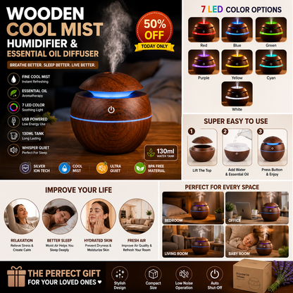 Wooden Cool Mist Humidifier & Essential Oil Diffuser with 7 Color LED Night Light USB 130ml