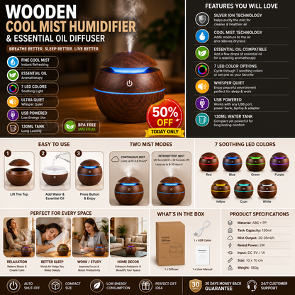 Wooden Cool Mist Humidifier & Essential Oil Diffuser with 7 Color LED Night Light USB 130ml