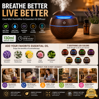 Wooden Cool Mist Humidifier & Essential Oil Diffuser with 7 Color LED Night Light USB 130ml