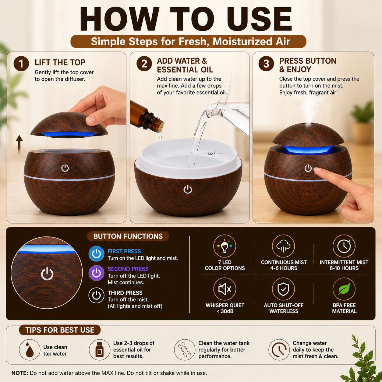 Wooden Cool Mist Humidifier & Essential Oil Diffuser with 7 Color LED Night Light USB 130ml