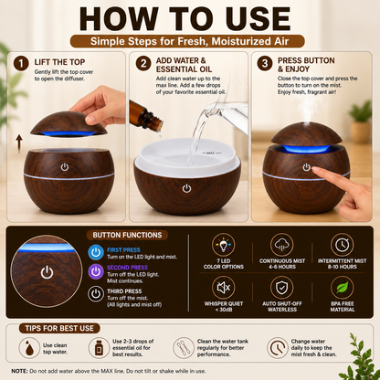 Wooden Cool Mist Humidifier & Essential Oil Diffuser with 7 Color LED Night Light USB 130ml