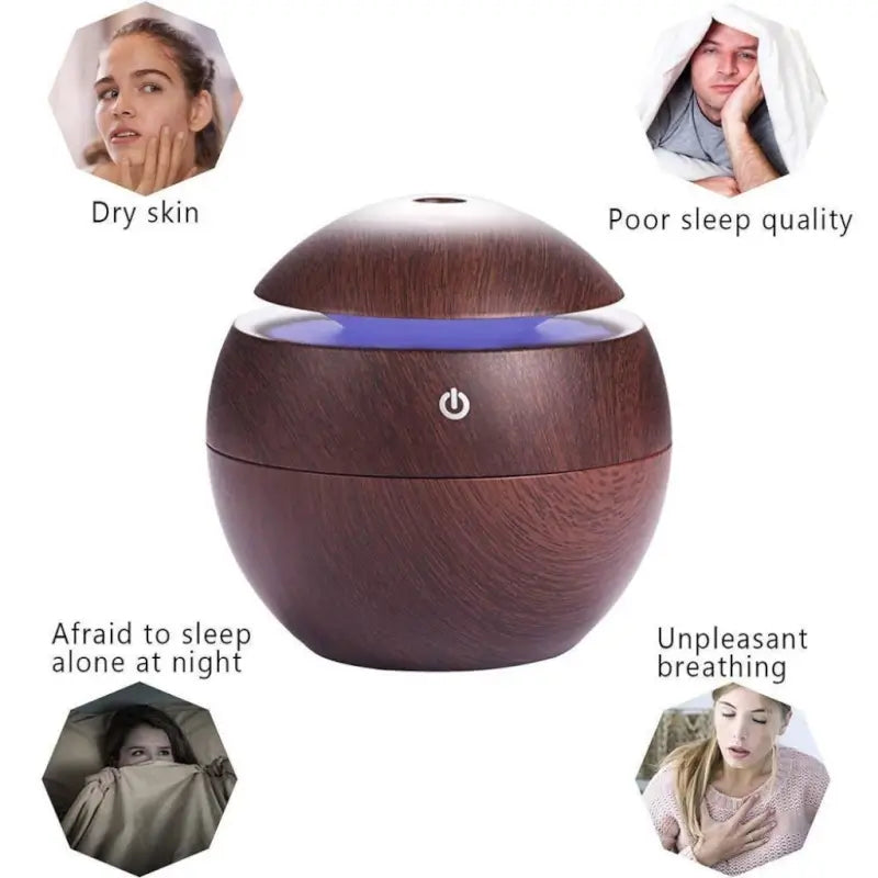 Wooden Cool Mist Humidifier & Essential Oil Diffuser with 7 Color LED Night Light USB 130ml