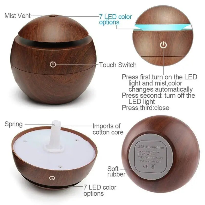 Wooden Cool Mist Humidifier & Essential Oil Diffuser with 7 Color LED Night Light USB 130ml