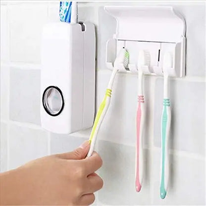 Automatic Toothpaste Dispenser with 4 Toothbrush Holder Wall Mounted Bathroom Organizer | Hygienic Family Toothpaste Squeezer
