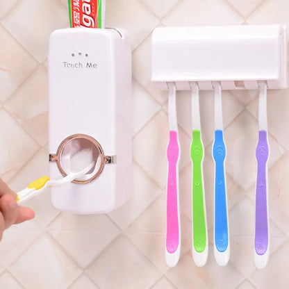 Automatic Toothpaste Dispenser with 4 Toothbrush Holder Wall Mounted Bathroom Organizer | Hygienic Family Toothpaste Squeezer
