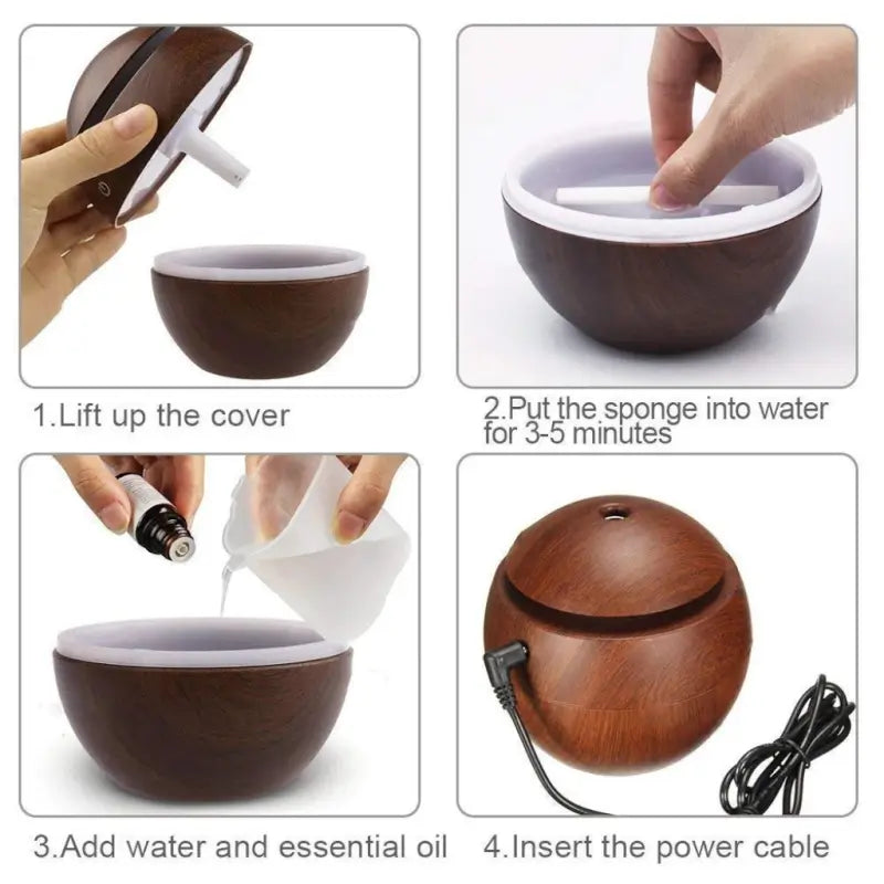 Wooden Cool Mist Humidifier & Essential Oil Diffuser with 7 Color LED Night Light USB 130ml