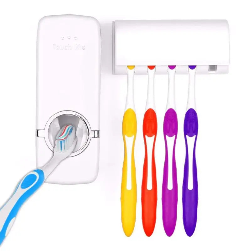 Automatic Toothpaste Dispenser with 4 Toothbrush Holder Wall Mounted Bathroom Organizer | Hygienic Family Toothpaste Squeezer