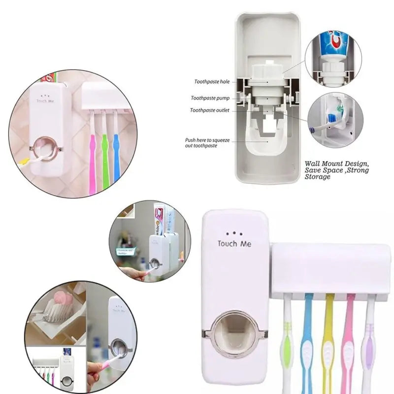 Automatic Toothpaste Dispenser with 4 Toothbrush Holder Wall Mounted Bathroom Organizer | Hygienic Family Toothpaste Squeezer