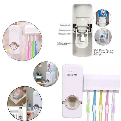 Automatic Toothpaste Dispenser with 4 Toothbrush Holder Wall Mounted Bathroom Organizer | Hygienic Family Toothpaste Squeezer