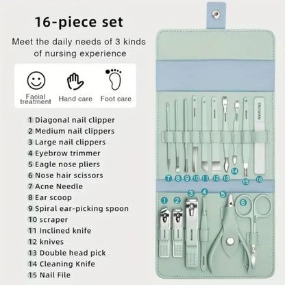 16 In 1 Professional Manicure Pedicure Kit | Stainless Steel Nail Clipper Grooming Set with Travel Case for Men & Women