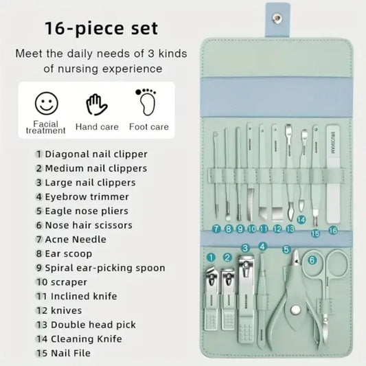 16 In 1 Professional Manicure Pedicure Kit | Stainless Steel Nail Clipper Grooming Set with Travel Case for Men & Women