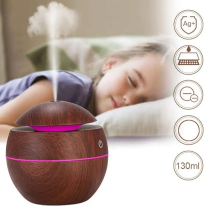 Wooden Cool Mist Humidifier & Essential Oil Diffuser with 7 Color LED Night Light USB 130ml