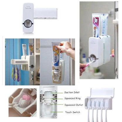 Automatic Toothpaste Dispenser with 4 Toothbrush Holder Wall Mounted Bathroom Organizer | Hygienic Family Toothpaste Squeezer